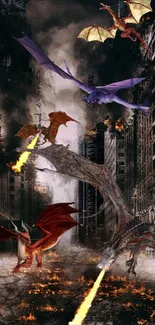 Dragons breathing fire in a dark cityscape.