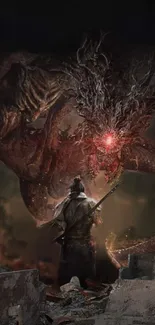 Mobile wallpaper of a warrior facing a dragon with glowing red eyes.