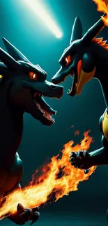 Two dragons battling with flames in a dark, dramatic scene.