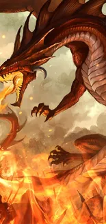 Epic fiery dragon battle in a fantasy scene.