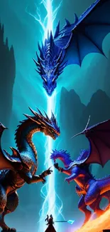 Epic battle with three colorful dragons in striking fantasy artwork.