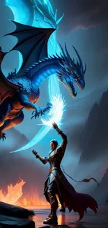 Epic dragon and knight battle in fantasy artwork wallpaper.