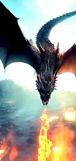 Dragon breathing fire over a fiery battlefield.