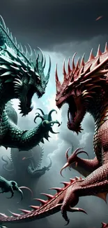 Fiery red and mystical blue dragons clash in an epic fantasy battle.