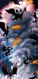 Epic dragon battle wallpaper with fiery designs and mythical creatures.