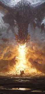 Epic dragon battle amidst fiery clouds in a fantasy setting.