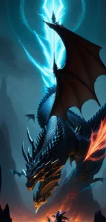 Epic dragon in a fiery battle with a knight, set in a mystical mountainous landscape.