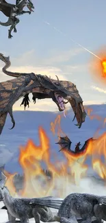 Epic dragon battle with fire and sky backdrop.