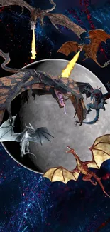 Epic dragon battle with moon backdrop in vivid colors.