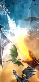 Epic dragon battle with fire breaths against sky.