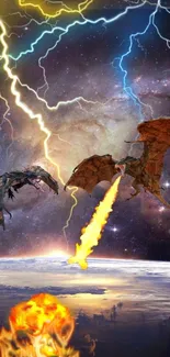 Dragons battling with lightning over a fiery cosmic scene.