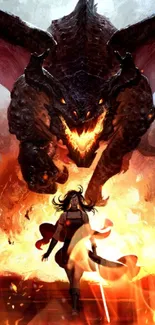 Hero facing dragon in fiery epic scene.