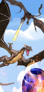 Two dragons clash in a fiery battle above a vivid blue sky.