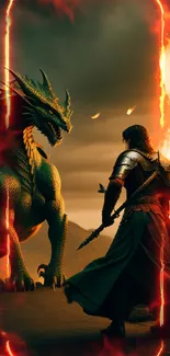 Warrior faces dragon with fiery backdrop.