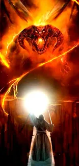 Epic fiery dragon battle scene with glowing light.