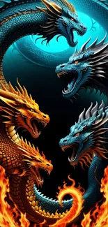 Epic dragons in battle, fiery and icy contrast, fantasy art wallpaper.