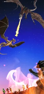 Epic dragon battle scene in the night sky.