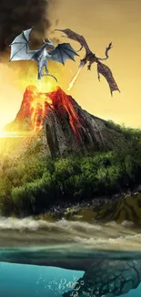 Two dragons battle over a volcanic island, with a sea creature below.