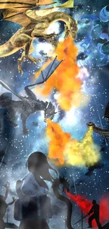 Epic dragon battle in a night sky with fire-breathing creatures.