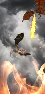 Epic dragon battle in stormy sky with flames.