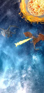 Two dragons battling in a cosmic starry sky with vibrant fire.