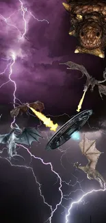 Dragons battle UFO in a stormy sky with lightning.