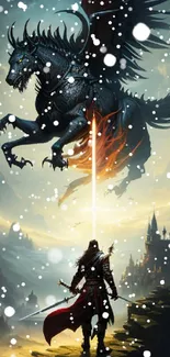 Knight faces a fierce dragon with a glowing sword in an epic fantasy battle scene.