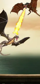 Two dragons engaged in fiery battle over an ocean at sunset.