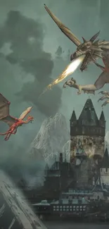 Epic dragon battle over a castle with fiery action and medieval scenery.