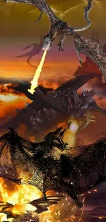 Epic dragon battle with castle and fiery sunset.