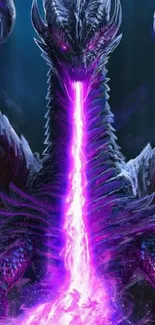 Epic dragon with purple fire breath in fantasy wallpaper.