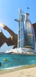 Dragon beside futuristic tower by the ocean, creating a fantasy scene.