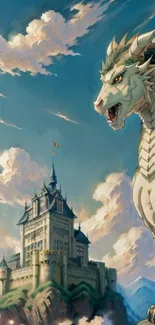 A majestic dragon stands guard over a grand castle under a vibrant sky.