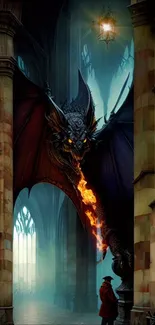 A fiery dragon confronts a figure in a mystical castle setting.