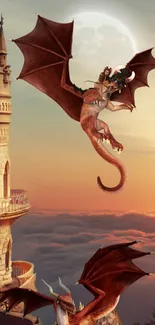 Epic dragon flying above a castle with sunset backdrop.