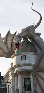 Majestic dragon atop a grand castle in a fantasy setting.