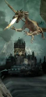 Flying dragon over a castle in a mystical, fantasy-themed mobile wallpaper.