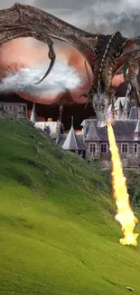 Dragon breathes fire over a medieval castle with lush green hills.