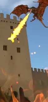 Dragon hovering over castle tower with flames