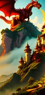 Dragon overlooking a fantasy castle on a mystical mountain.