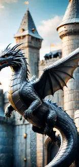 Epic dragon hovering by medieval castle with gray stone walls.