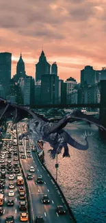 Epic dragon flying over a cityscape at sunset.