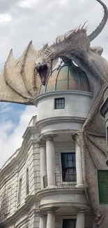 Epic dragon perched on city building wallpaper.