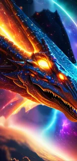 Vibrant cosmic dragon with fiery neon hues in space setting.