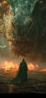 Epic fantasy scene with dragon and fiery background.