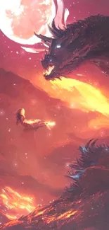 Epic scene of a dragon facing a knight under the moon.