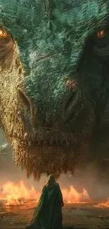 Epic dragon face-off with lone hero in fiery scene.