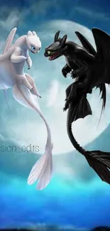 Two dragons facing each other against a full moon in a fantasy sky wallpaper.