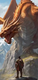 Fantasy art of a warrior and dragon in mountainous landscape.