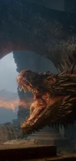 Epic dragon breathing fire in a dungeon scene.